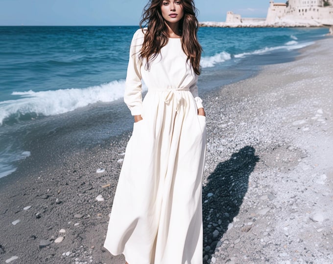 Anysize custom long sleeves linen cotton plus size dress with belt sideseem pockets spring fall retro plus size clothing F95PN