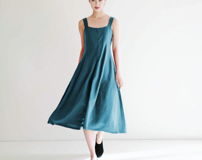 Anysize custom 100% linen sleeveless dress full skirt dress with side pockets summer plus size dress plus size clothing F72RL