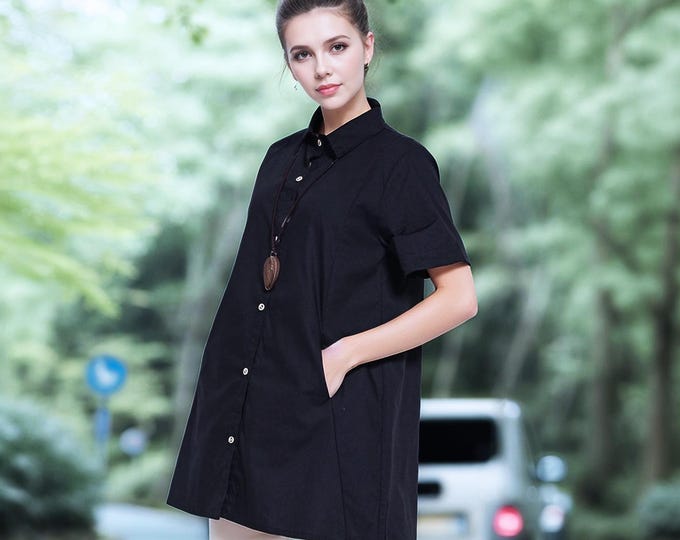Anysize custom 100% linen blouse with pockets plus size shirt short sleeves spring summer long shirt plus size clothing F21DL