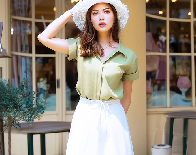 Anysize custom 100% linen hidden placket shirt collared tops short sleeves loose blouse summer plus size tops plus size clothing F34DL