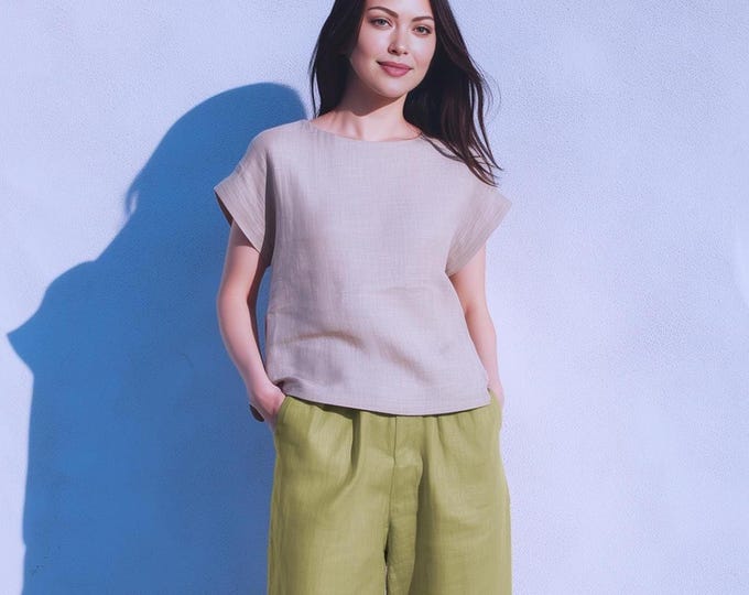 Anysize custom 100% linen summer tops round neck short sleeves tops loose shirt plus size tops plus size clothing F66JL
