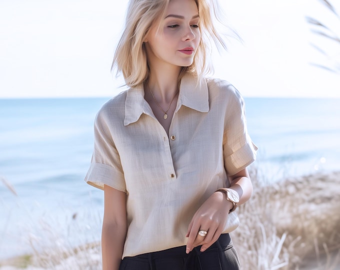 Anysize custom collared 100% linen shirt buttoned blouse short sleeves loose shirt summer plus size tops plus size clothing F64DL