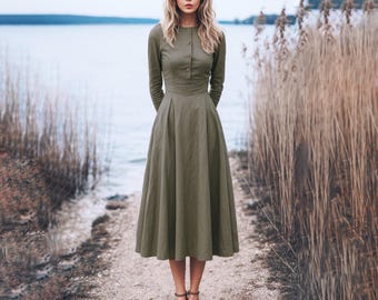 Anysize Custom Tailored Linen Cotton Long Sleeves Buttoned Dress With Side Pockets Spring Fall Plus Size Dress Plus Size Clothing F40SN