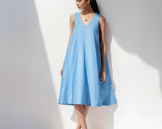 Anysize custom 100% linen V neck sleeveless loose dress with side pockets A line summer plus size dress plus size clothing F97JL