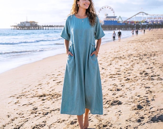 Anysize Custom 100% Linen Dress Women Loose Fit Dress Short Sleeve Casual Summer Dress with Pockets Plus Size Dress F57VL