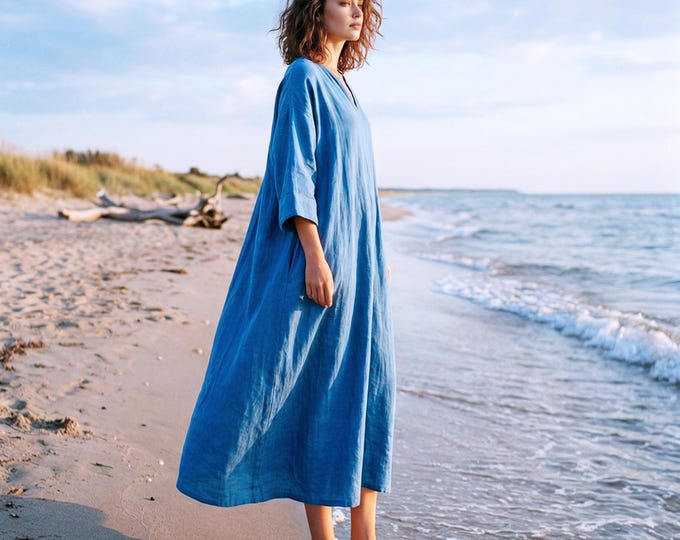 Anysize Custom 100% Linen V Neck Dress 3/4 Sleeves With Side Pockets Loose Fit Spring Summer Full Plus Size Dress Plus Size Clothing F8UL