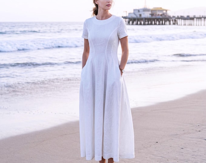 Anysize Custom 100% Linen Long Dress Women Panel Seam A Line Dress Fitted Waist Short Sleeve Summer Dress Plus Size Dress F67VL