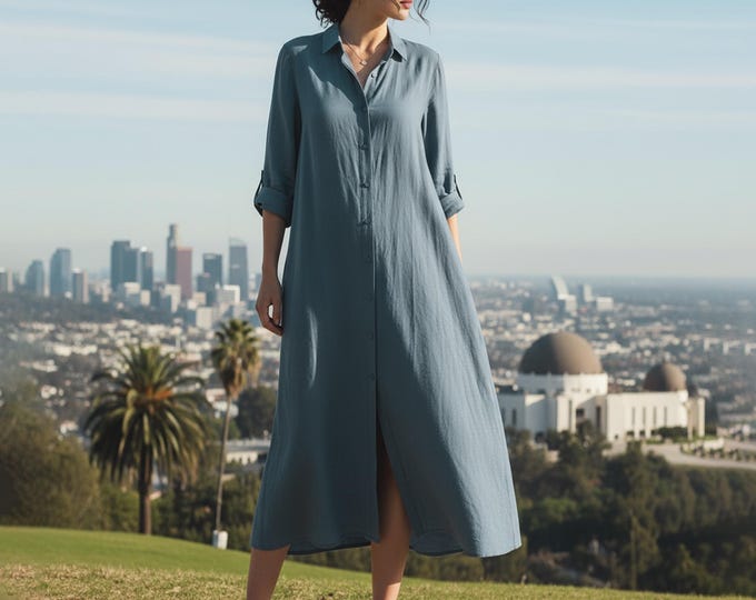 Anysize Custom Linen Cotton Shirt Dress Long Sleeves With Functional Buttons Side Pockets Spring Fall Classic Plus Size Clothing F56SN