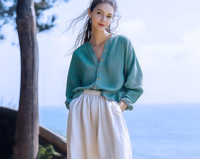 Anysize custom 100% linen casual blouse with natural wood buttons long sleeves shirts summer tops plus size tops plus size clothing F42AL