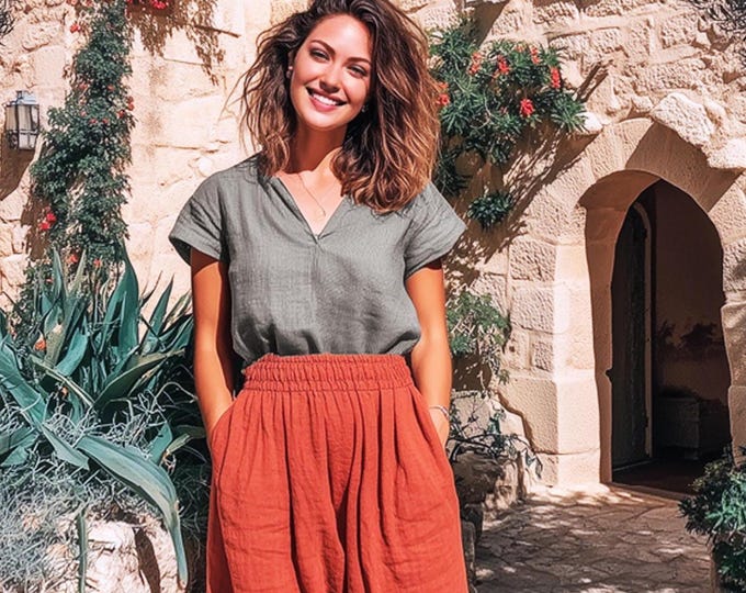 Anysize custom 100% linen tops v neck short sleeves shirt loose tops linen blouse summer plus size tops plus size clothing F27RL