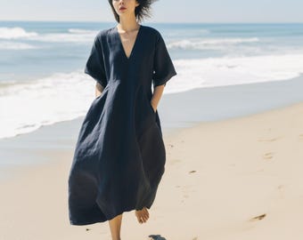 Anysize custom V-neck 100% linen with half sleeves side pockets retro loose spring summer plus size dress plus size clothing F68RL