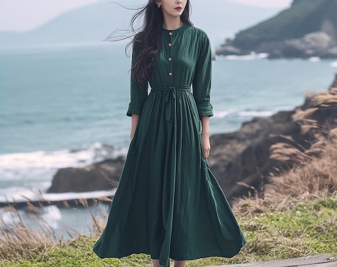 Anysize custom belted soft linen cotton plus size dress with functional buttons side pockets spring fall plus size clothing F714E
