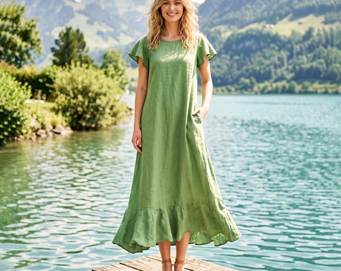 Anysize Custom 100% Linen Maxi Dress Flutter Sleeve Loose Fit Summer Dress Ruffle Hem  Casual Dress with Pockets Plus Size Dress F20WL