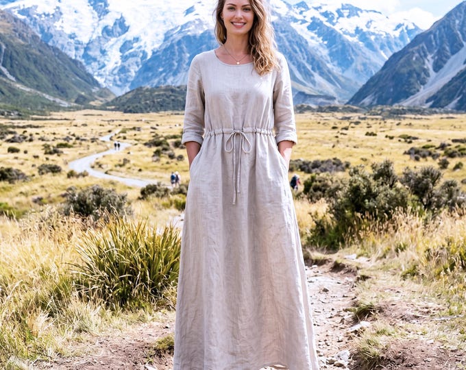 Anysize Custom 100% Linen Maxi Dress with Pockets Long Sleeve Summer Boho Dress Minimalist Sustainable Oversized Loose Fit Dress F86VL