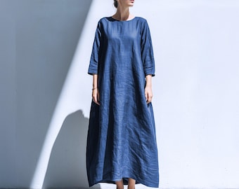 Abito lungo con maniche a 3/4 in lino 100% di qualsiasi taglia, con tasche laterali, ampio ed elegante, per primavera e autunno, taglie forti, abbigliamento taglie forti F64RL