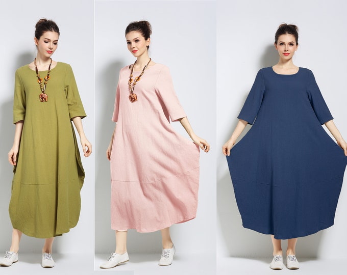Anysize lantern style with side pockets soft linen cotton loose dress spring summer fall plus size dress plus size clothing F153Q