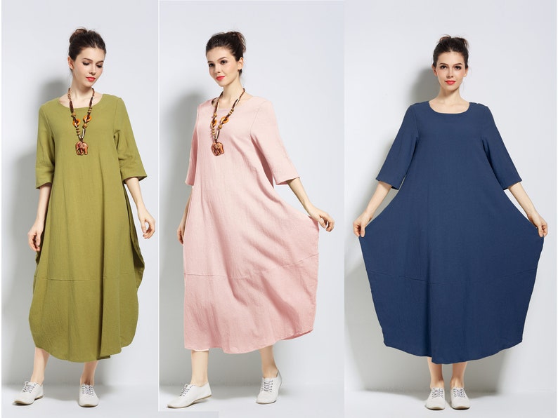 Anysize lantern style with side pockets soft linen cotton loose dress spring summer fall plus size dress plus size clothing F153A 