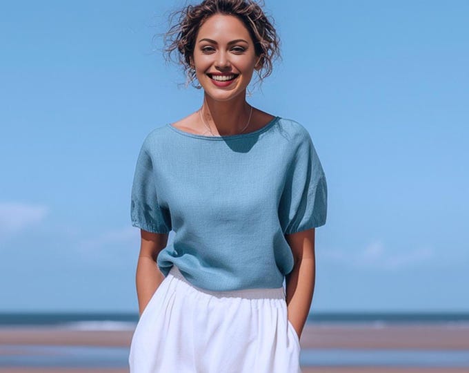 Anysize custom 100% linen tops short sleeves shirt loose tops linen blouse summer plus size tops plus size clothing F23RL