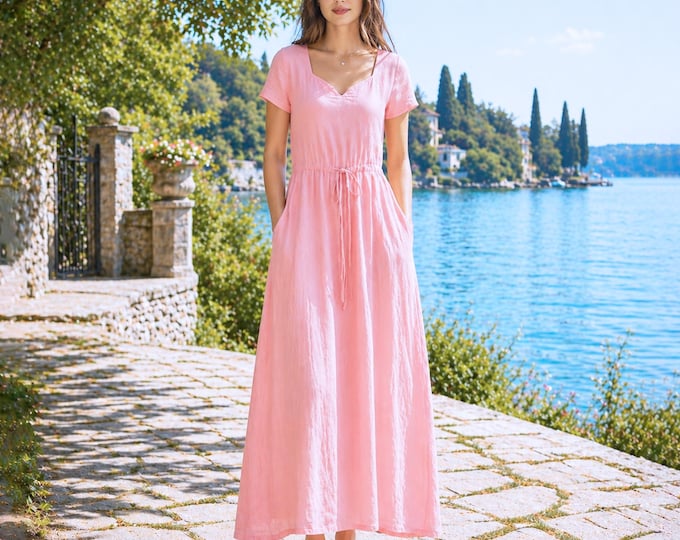 Anysize Custom 100% Linen Maxi Dress V Neck Drawstring Waist Loose Fit Summer Dress A-Line Casual Linen Dress with Pockets F11WL