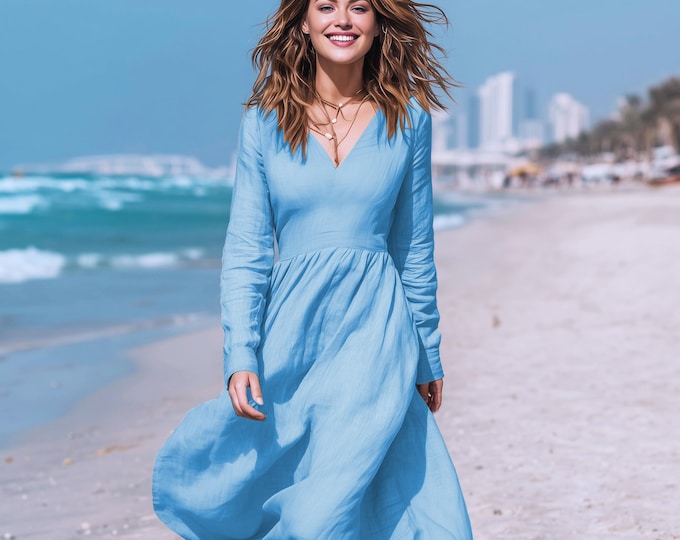 Anysize custom V neck 100% linen dress with side pockets long sleeves spring summer fall plus size dress plus size clothing F65PL