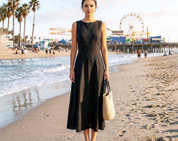 Anysize Custom 100% Linen Sleeveless Crew Neck Dress A Line Dress Back Slit Summer Beach Dress with Pockets Side Zipper Dress F54VL