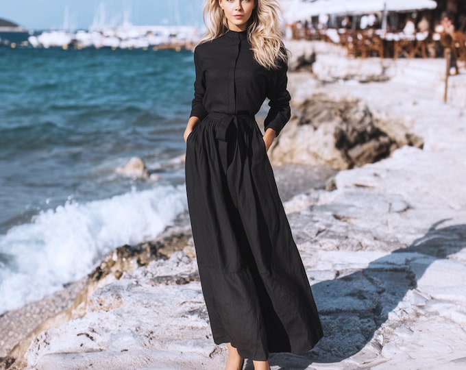 Anysize custom linen cotton stand collar plus size shirt dress long sleeves with pockets functional buttons spring fall clothing F3SN