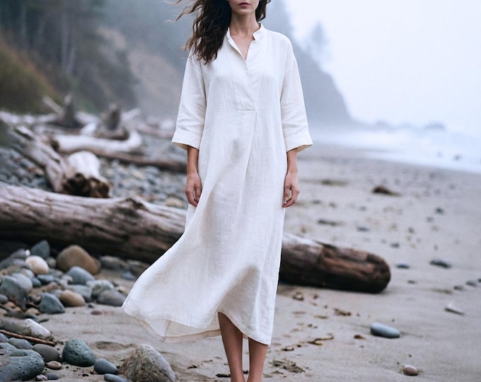 Anysize Custom V Neck 3/4 Sleeves Linen Cotton Dress With Side Pockets Spring Fall Retro Plus Size Dress Plus Size Clothing F71TN