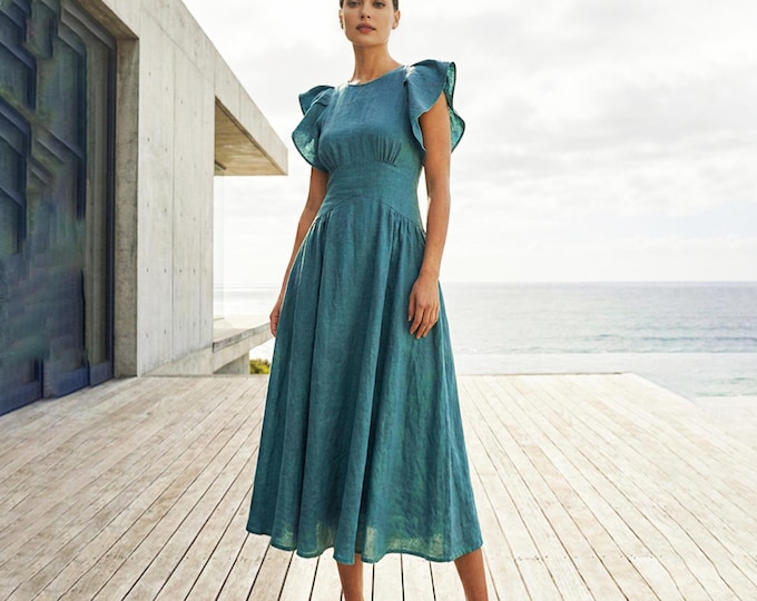 Anysize Custom 100% Linen Dress Flutter Sleeve Mid-calf Dress Elegant Vacation Dress for Women Plus Size Dress Plus Size Clothing F18UL