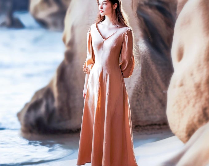 Anysize custom 3/4 sleeves 100% linen maxi dress with side pockets retro v neck spring summer plus size dress plus size clothing F65AL