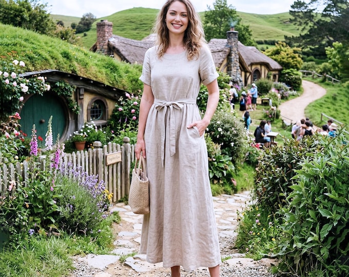 Anysize Custom 100% Linen Midi Dress for Women Tie Waist A-Line Dress Adjustable Belt Casual Summer Dress with Pockets Plus Size Dress F81VL
