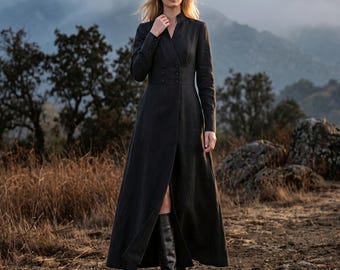 Anysize Custom Linen Cotton Maxi Coat with Pockets Double Breasted Mandarin Collar A Line Coat Spring Fall Jacket Plus Size Clothing F57HN