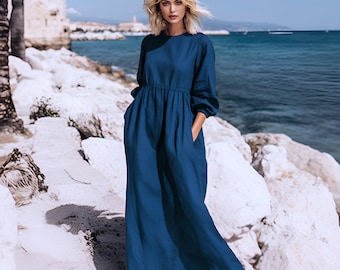 Anysize custom soft linen cotton plus size maxi dress with back drawstrings side pockets spring fall plus size clothing F15SE