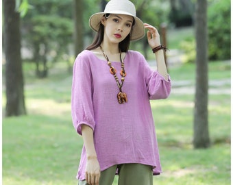 Anysize summer tops for ladies simple stand blouse lantern style vogue soft linen cotton plus size clothing T125A