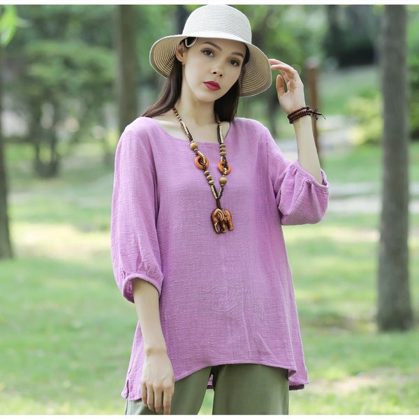 Anysize summer tops for ladies simple stand blouse lantern style vogue soft linen cotton plus size clothing T125A
