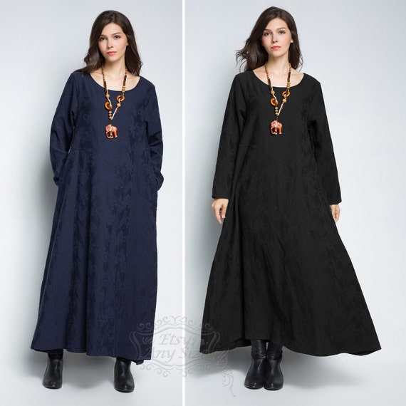 Anysize Round-neck jacquard loose hem maxi dress linen&cotton | Etsy