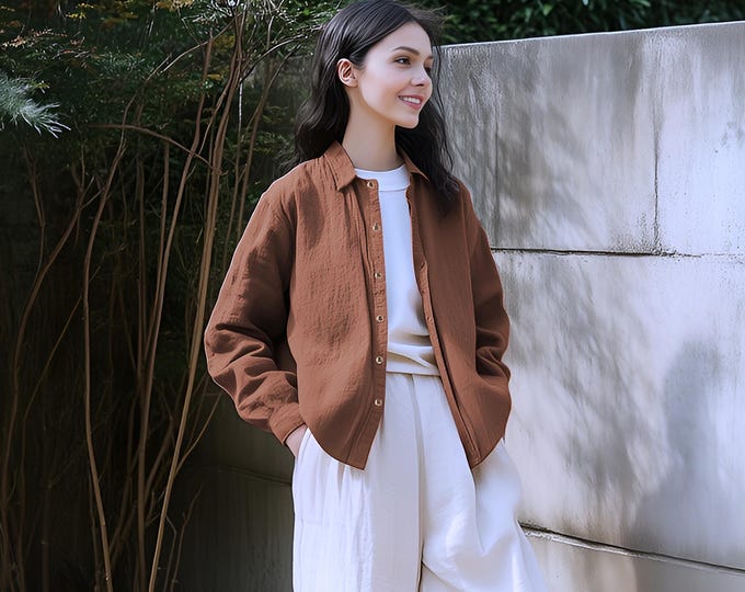 Anysize custom spring linen cotton jacket with long sleeves fall plus size blouse plus size tops plus size clothing F87AN
