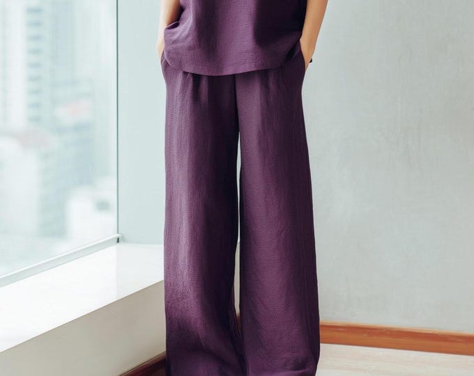 Anysize custom 100% linen pants maxi length with pockets elastic waist spring summer plus size pants plus size clothing F59YL