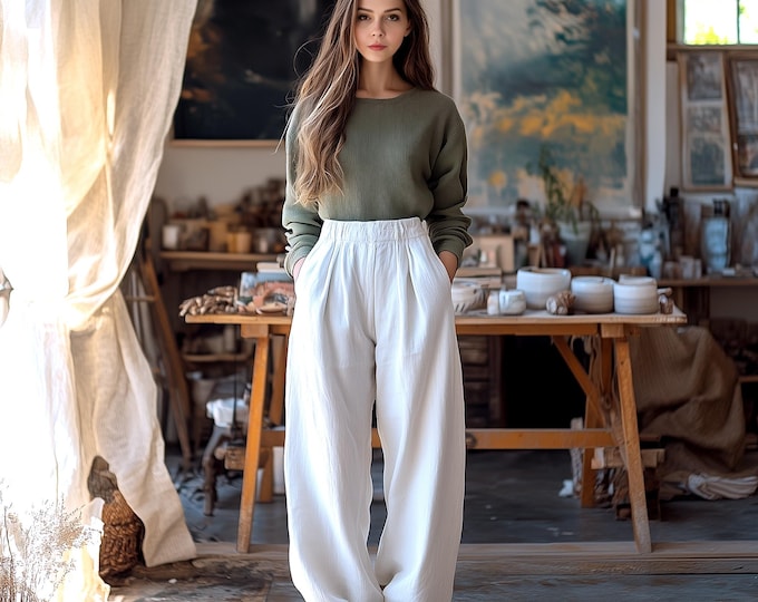 Anysize custom linen cotton straight legs plus size loose pants with back elastic waist spring fall winter trousers plus size clothing F884N