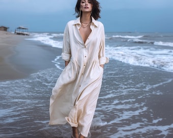 Anysize custom long sleeves linen cotton shirt dress with functional buttons side pockets spring fall retro plus size clothing F82PN