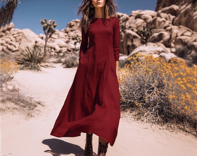Anysize Custom Round Neck Linen Cotton Maxi Dress With Pockets Spring Fall Winter Plus Size Dress Plus Size Clothing F46SN