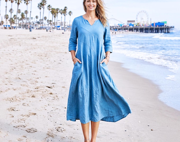 Anysize Custom 100% Linen Dress Women Loose A-Line Dress Asymmetrical Seam Dress 3/4 Sleeve Summer Dress with Pockets Plus Size Dress F63VL