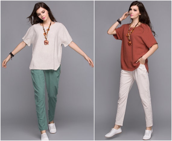 Anysize Sides Split Soft Linen Cotton T-shirt Plus Size Tops Plus