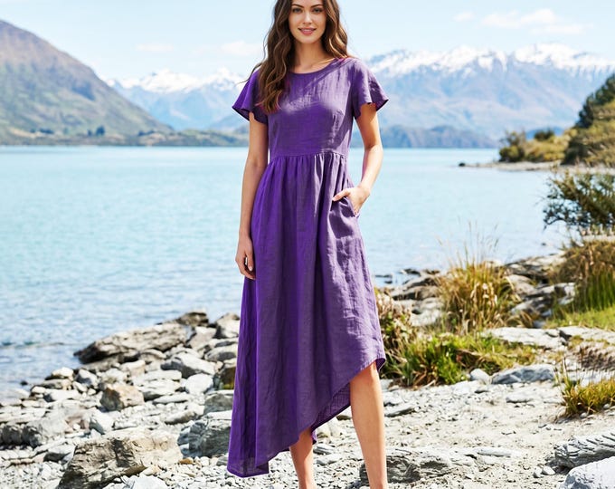 Anysize Custom 100% Linen Dress Asymmetrical Hem Irregular Dress Flare Short Sleeve Linen Dress Summer Plus Size Dress with Pockets F18WL