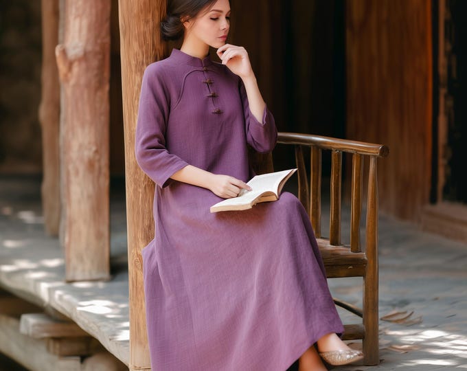 Anysize custom 3/4 sleeves soft linen cotton maxi dress retro style with handmade buttons side pockets spring fall plus size clothing F98YE