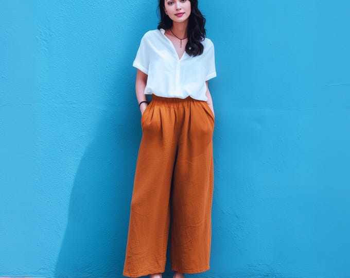 Anysize custom soft linen cotton trousers with side pockets elastic waist casual loose wide leg plus size trousers plus size clothing F28JQ