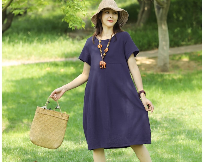 Anysize A-line with side pockets short sleeves simple and stylish plus size dress for ladies plus size clothing T79Q
