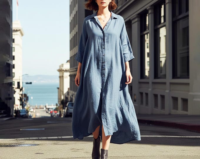 Anysize Custom 3/4 Sleeves Casual Loose Shirt Dress With Pockets Linen Cotton Spring Fall Plus Size Dress Plus Size Clothing F3TN
