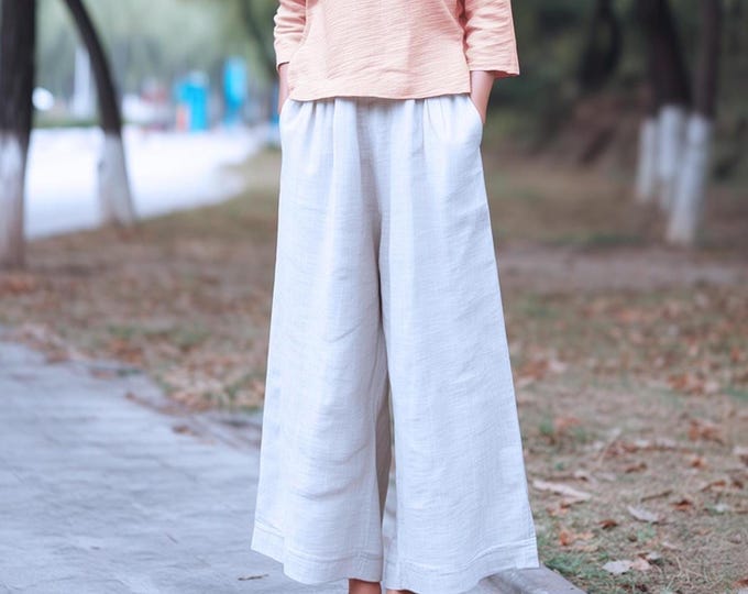 Anysize custom wide leg 100% linen pants with side pockets elastic waist spring summer plus size pants plus size clothing F15JL