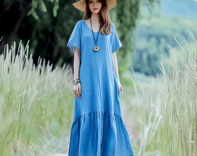 Anysize custom V-neck 100% linen short sleeves summer maxi dress with pleated hem side pockets plus size dress plus size clothing F457L