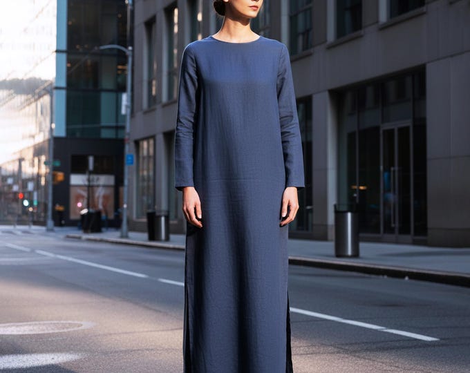 Anysize Custom Long Sleeves Linen Cotton Dress With Side Pockets Plus Size Dress Sides Split Spring Fall Plus Size Clothing F99SN